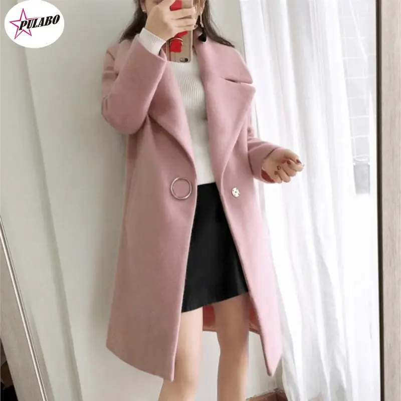 PULABO Spring Autumn Winter Woman Solid Fashion Woollen Overcoat Long Sleeve Fashion Oversize Outwear Jacket And Coats