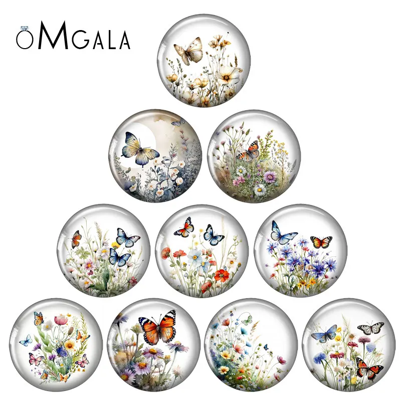 Wild Flowers With Butterfly Art Painting 12mm/18mm/20mm/25mm Round photo glass cabochon demo flat back Making findings