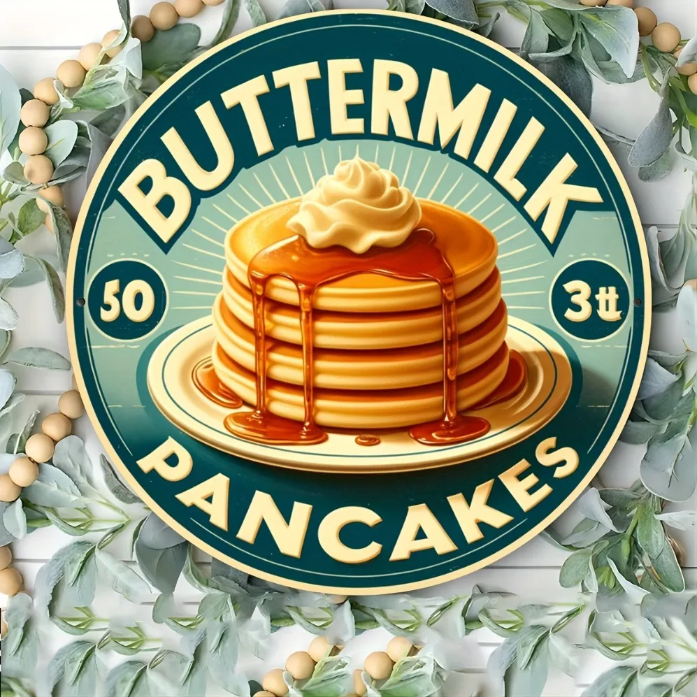 Vintage Aluminum Foil Sign – Round Decorative Plaque with Charming Pancakes Design, Rustic Multipurpose Wall Hanging