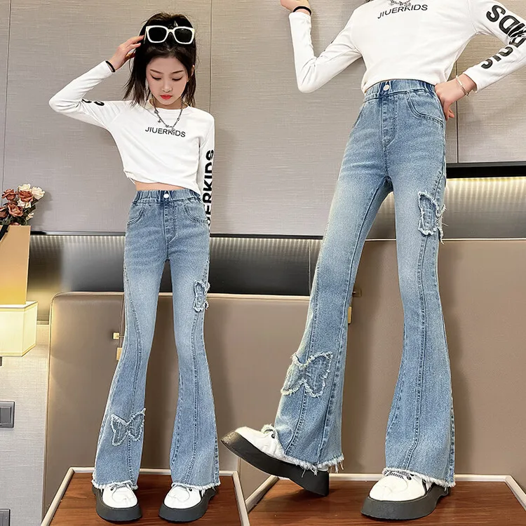 Fashion Girl Flare Jeans For Kids 4 6 9 12 14 Years Trouser Teenage Spring Fall Children\'s Jeans Denim Tassel Bell-bottom Pants