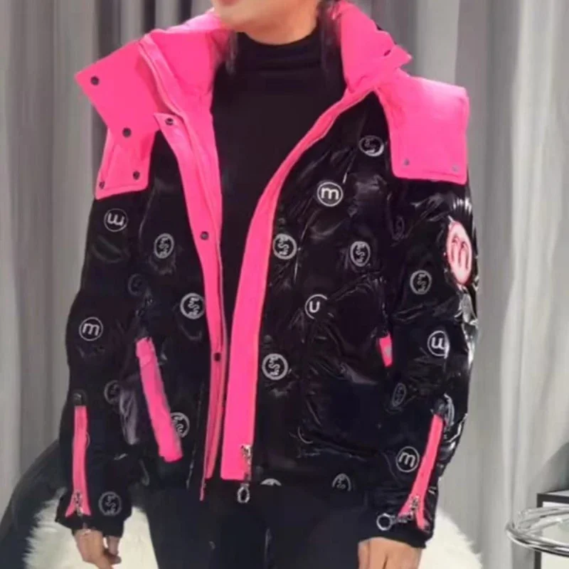 Hooded Women Jacket Short Winter Coat Female Color Collision Letters Down Jacket Loose Thick Warm Parkas Fashions Coats Down