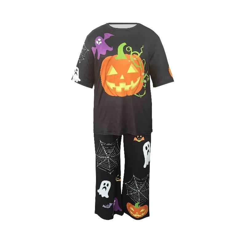 European and American Halloween Home Two-piece Black Short Sleeved Top+spider Web Ghost Pumpkin Print Wide Leg Sleepers