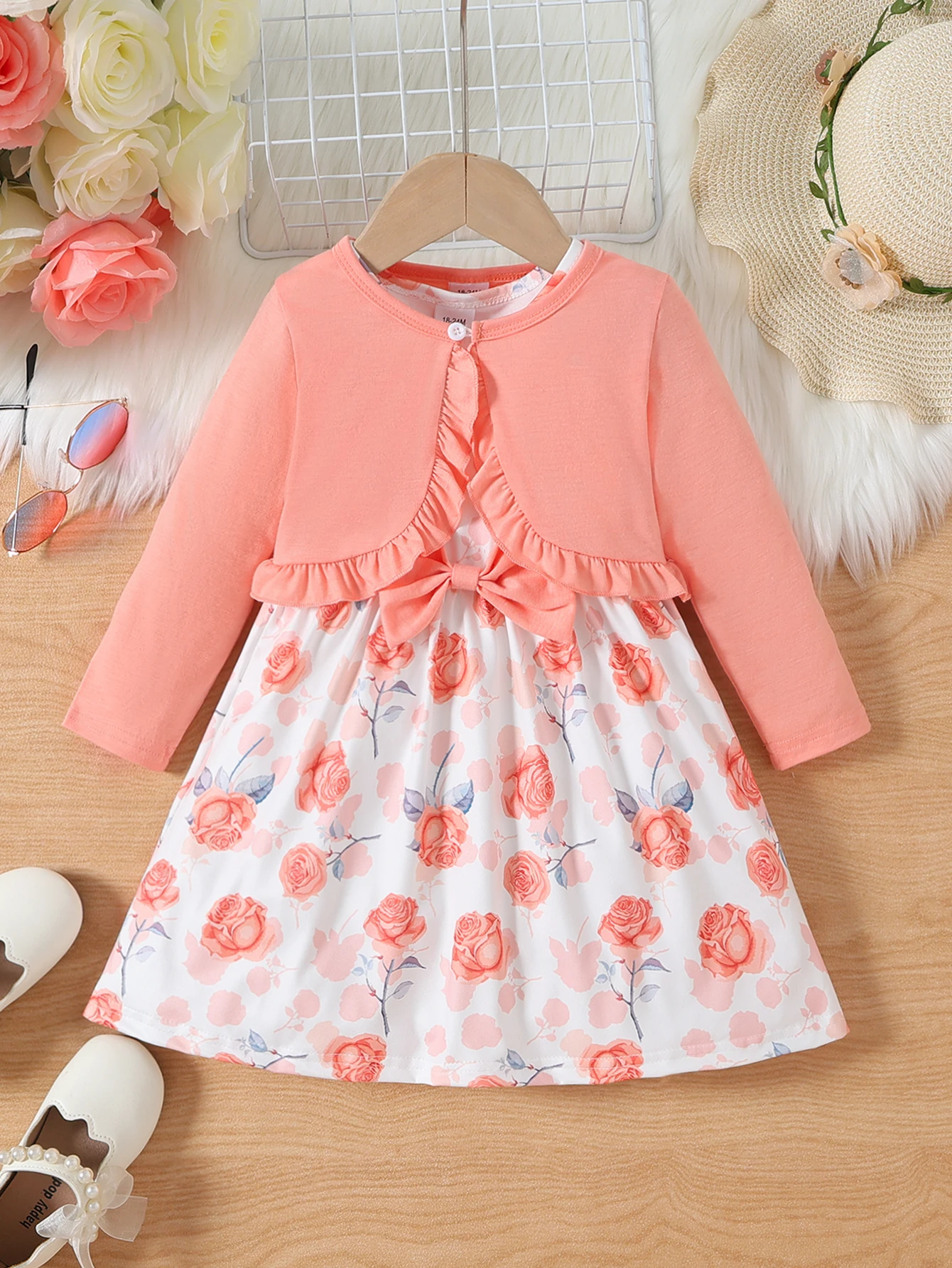 

Комплект из двух предметов: розовый цветочный наряд для девочек с кардиганом с рюшами и милым платьем-принцессой с бантом