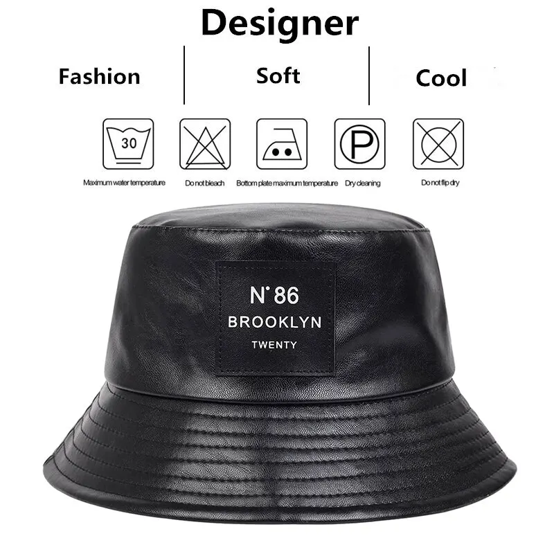 Unisex N86 Label Personality Pu Leather Bucket Hats Fishermen Caps Outdoor Casual Cap Sunscreen Hat