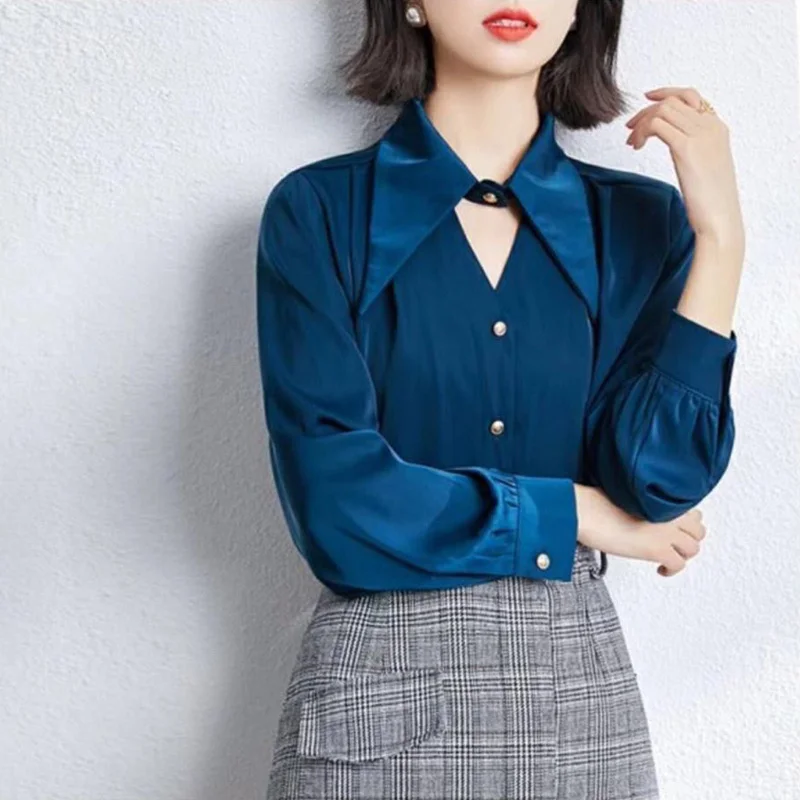 Satin Elegant Chic Sexy Hollow Pointed Collar Office Lady Button Up Shirt New Fashion V-neck Temperament Blouse Top Women Blusas