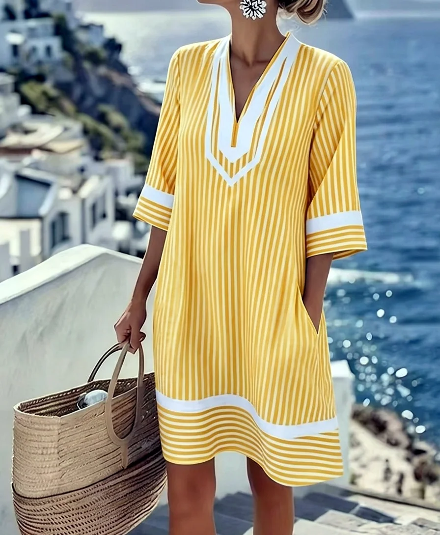 Sea Beach Vacation Style V-Neck Strip Sexy Bohemian Pocket Printed Loose Midi Dress Short Sleeve Sunscreen Blouse Dresses