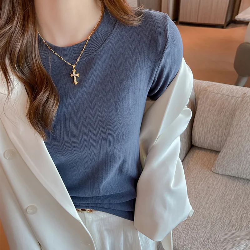 Autumn Office Lady Basic O-Neck Slim T-Shirt Women Solid Multi Color All-Match Trend Casual Top Screw Thread Long Sleeve Elastic