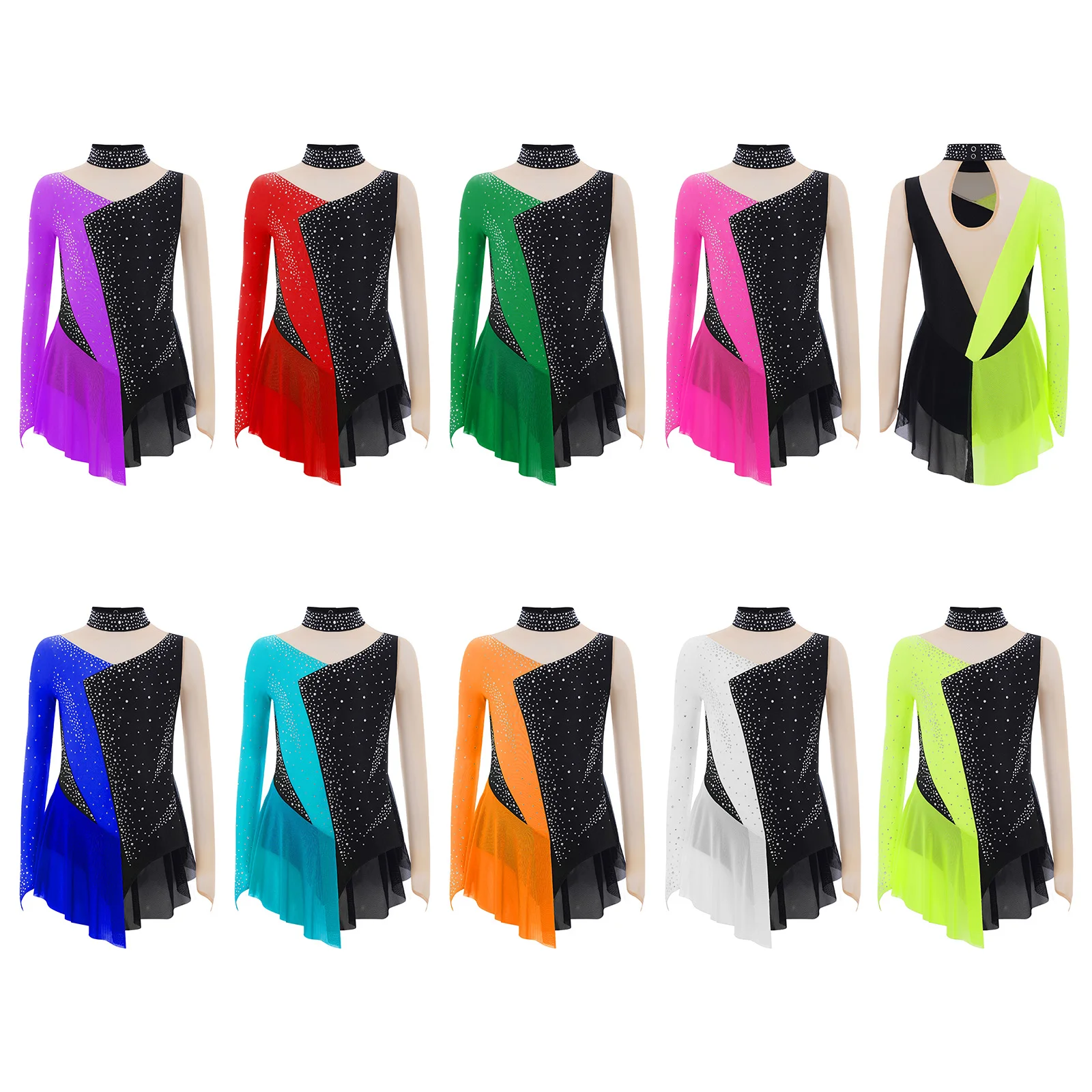 Kids Girls Figure Skating Dress Long Sleeve Sheer Mesh Gymnastics Ballet Leotard Sparkly Rhinestone Rhythmic Dance Bodysuit