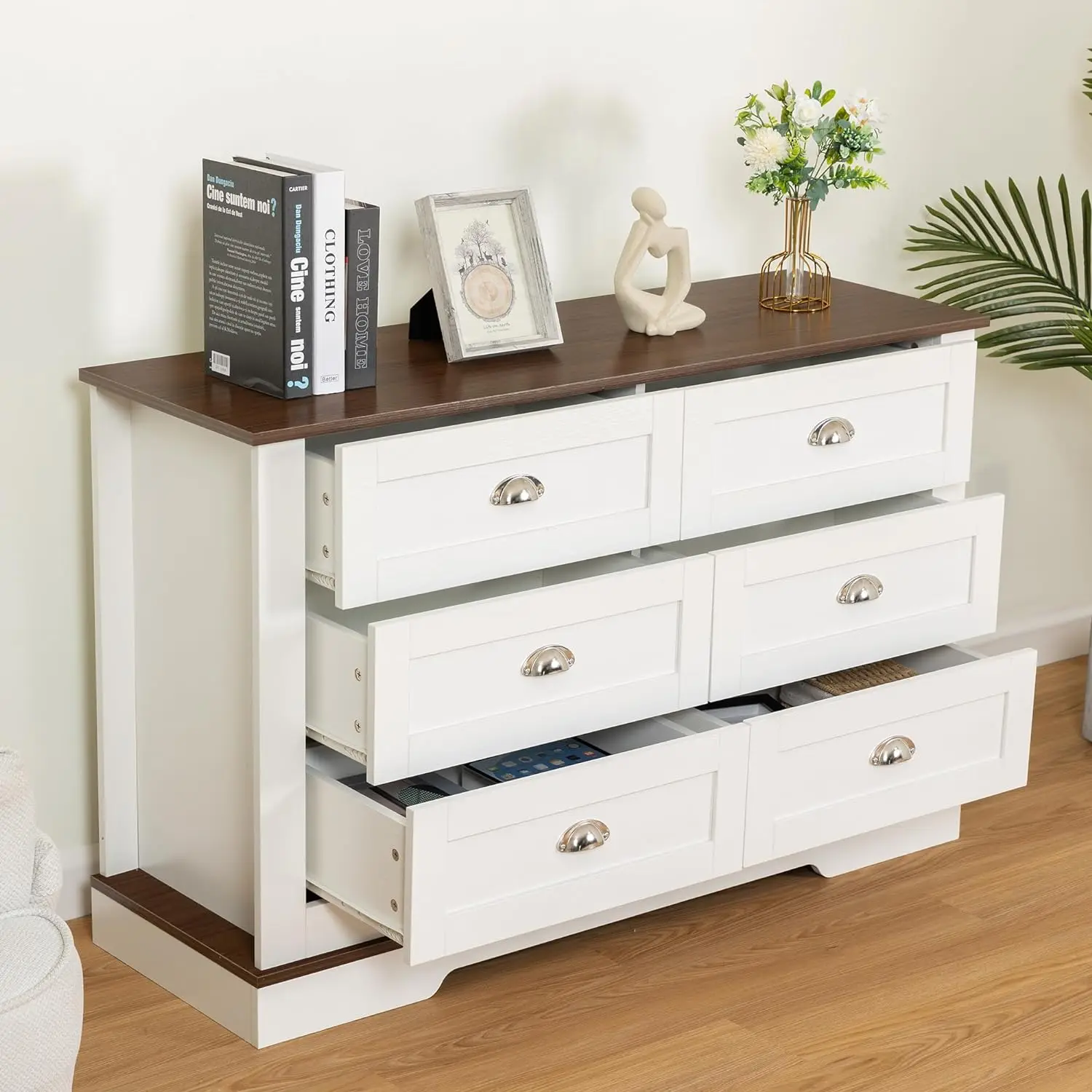 

6 Drawer Dresser, Sideboard,bar, Buffet Server Console,Table Storge cabinets,Metal Handle in The Shape of Silver Shell