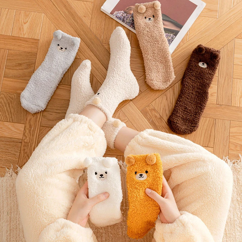 Frauen Winter Warme Flauschige Socken Hause Boden Schlaf Kawaii 3D Bär Niedlichen Tier Dicke Fleece Fuzzy Socke Japanische Mode Koreanischen Stil – Detail 1
