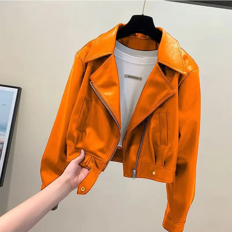 Spring Autumn Women Imitation Leather Jacket New Solid Color Lapel Zipper Short Women PU Leather Jacket Coat Female Outerwear