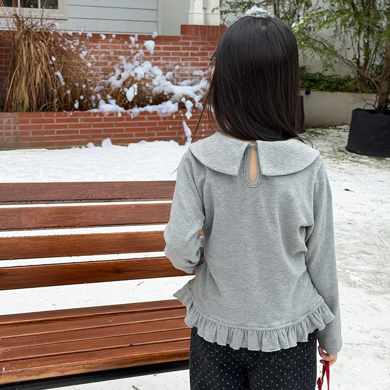 Japanese Korean Style Girls Thickened Top Delicate Peter Pan Collar Ruffle Blouse Warm Style for Inner & Outer Wear Top