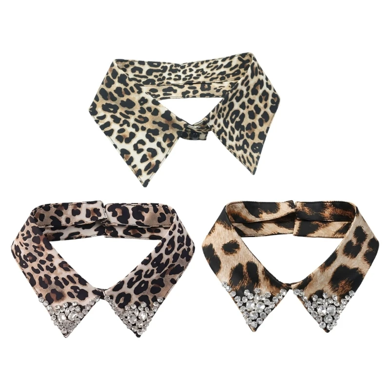HX6F Trendy Animal Print Detachable Collar with Sparkling Crystals Detachable Neckpiece for Casual Business and Evening Event
