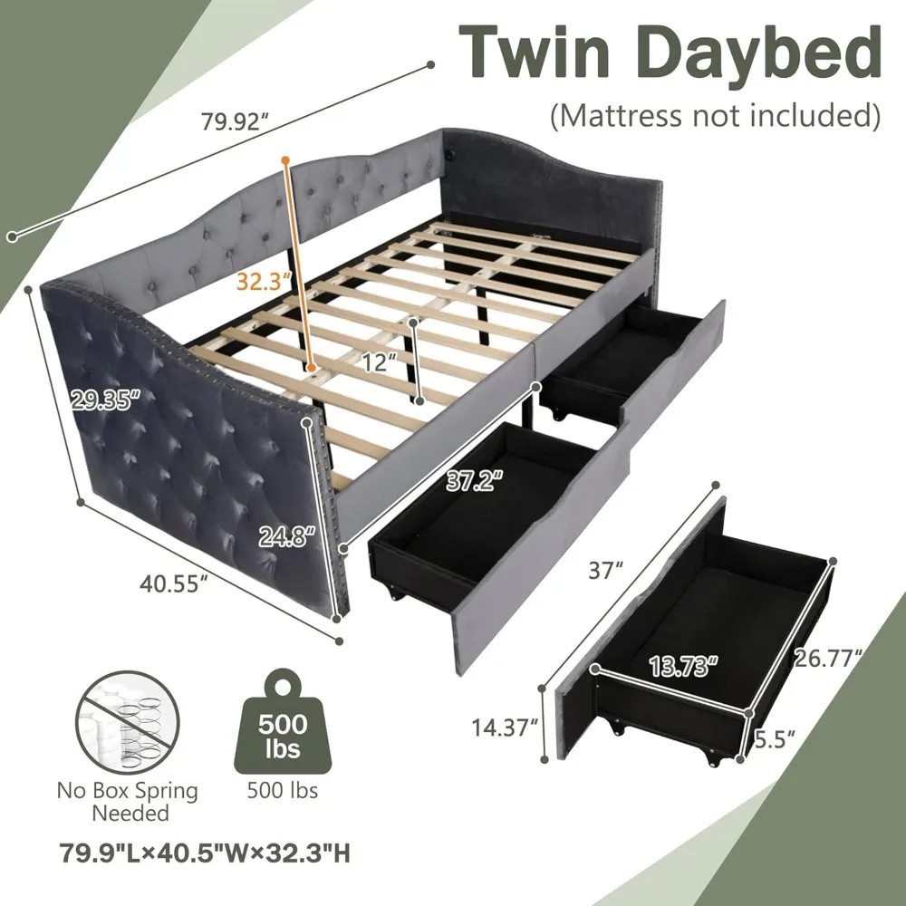 Daybed Ukuran Twin Berlapis Kain dengan Penyimpanan, 2 Port USB, Rangka Kayu Kokoh, Ideal untuk Kamar Tidur, Tidak Perlu Box Spring