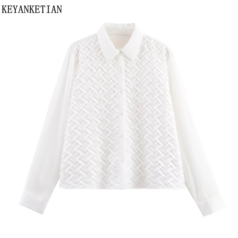 

KEYANKETIAN, новая весенняя женская тканая однобортная белая рубашка с лацканами и длинными рукавами, женский повседневный топ