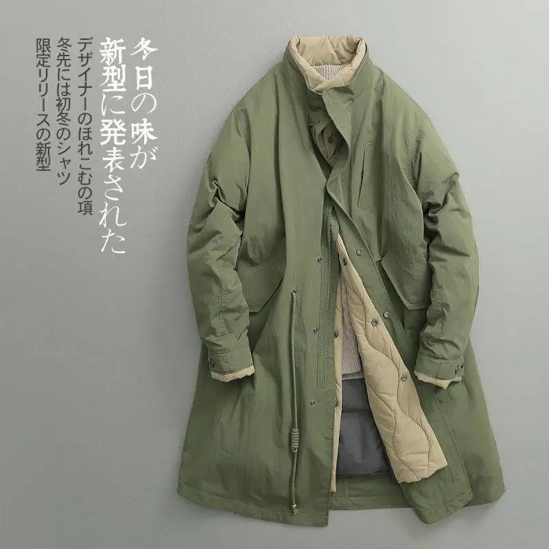 Winter Japanese Retro Stand Collar Long Cotton-padded Parkas Men's Causla Loose High Street Overcoat Windbreakers Male Clothes