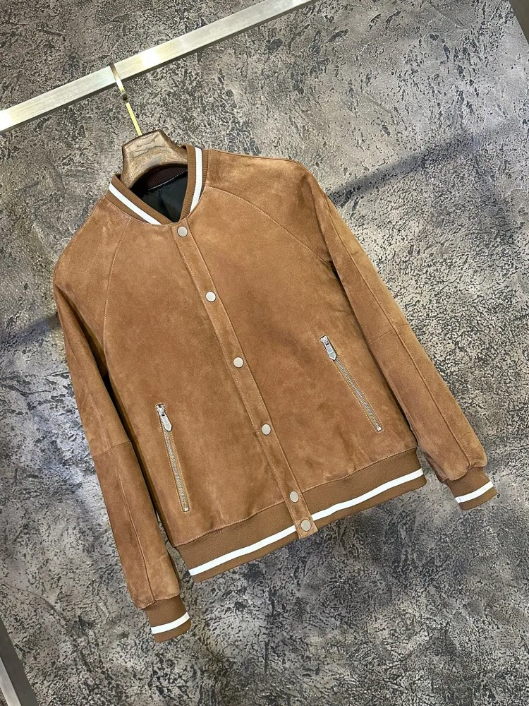 New Designer Luxury Mens Real Suede Leather Jacket Slim Fit Single Breasted Business Work Casual Bomber Jacket Motorcycle Coat