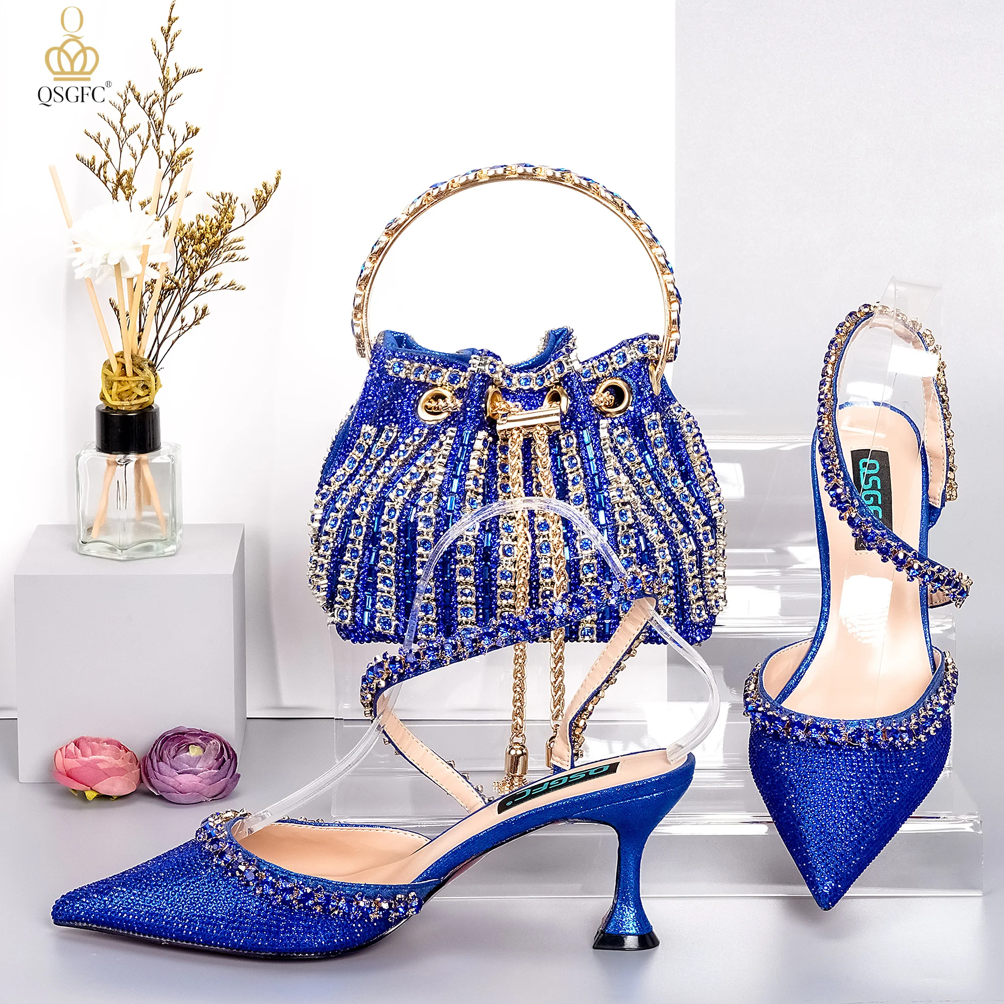 QSGFC Simple Exquisite Royal Blue High Heels Metallic Drill Chain Decoration Bucket Bag Fashion Banquet Shoes and Bag