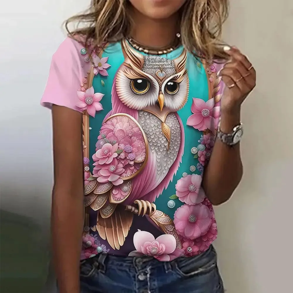 Summer Clothing for Girls Animal Print O-Neck T Shirt Owl Pattern Short Sleeve Baby Boy Clothes Child from 2 to 14 Years Costume image 2
