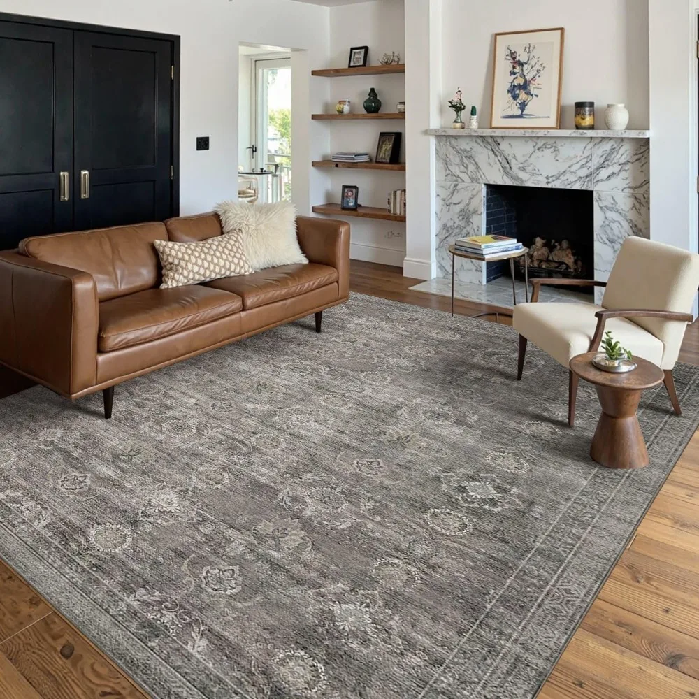 

Area Rugs 5x7 for Living Room Bedroom, Grey Washable Rug, Vintage Retro Boho Rug, Non Slip & Low Pile Faux Wool Thin Carpet