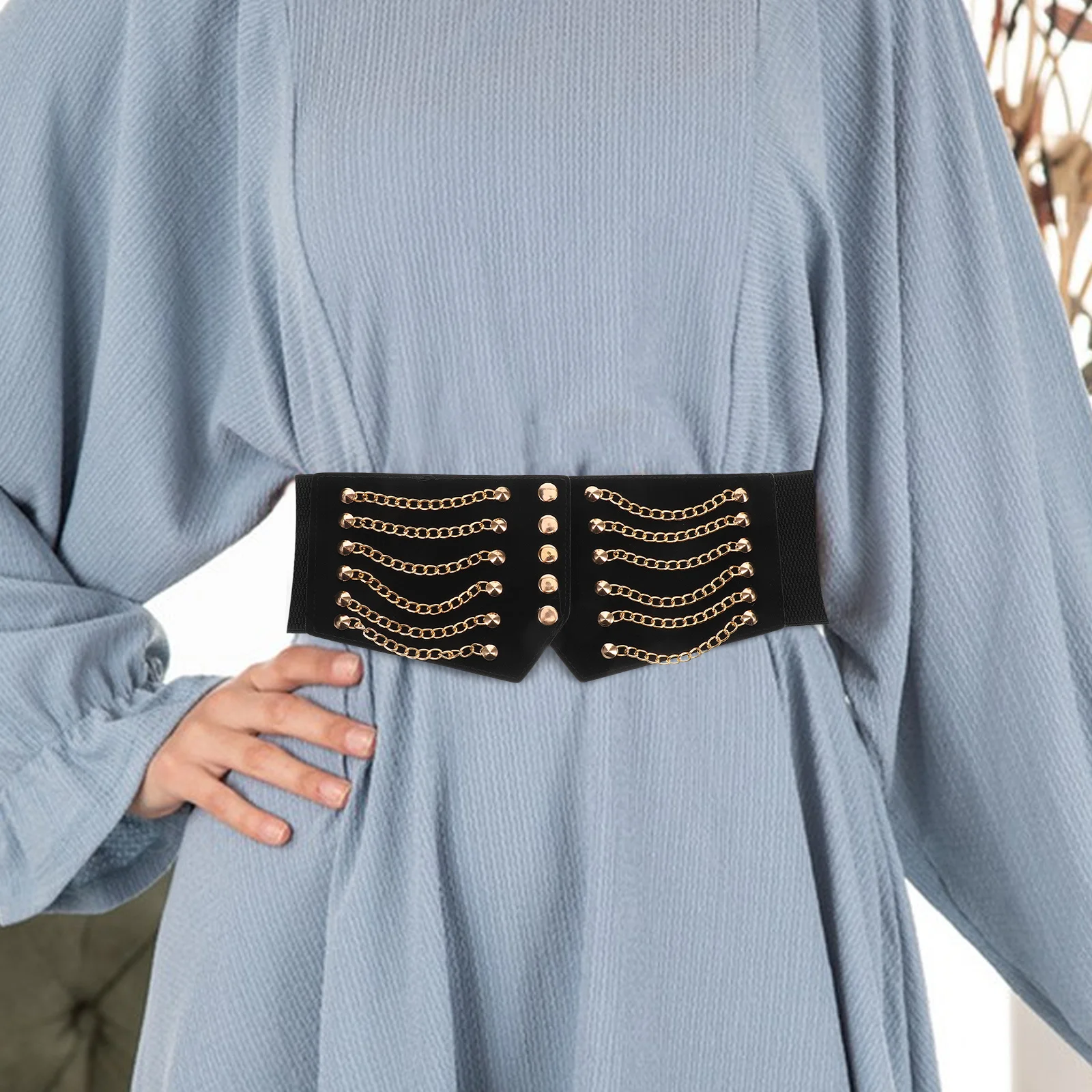 Cintura larga da donna Cintura elastica vintage con occhielli a catena in metallo Cintura con lacci alla moda per abiti