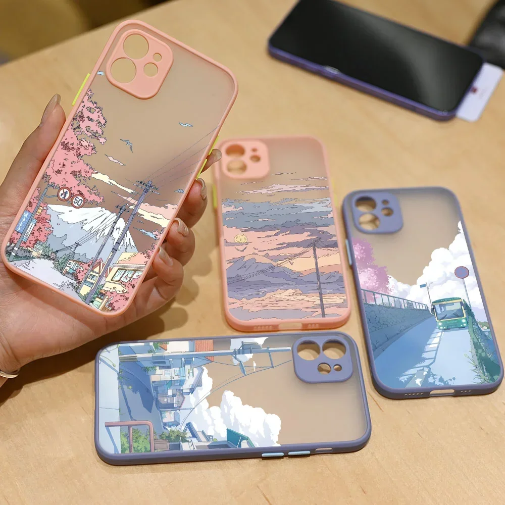 Cartoon Landscape Phone Case For iPhone 16 13 15 11 12 14 Pro Max 13Mini 15 Plus SE X XR Matte Clear Scenery Covers Fundas Skin