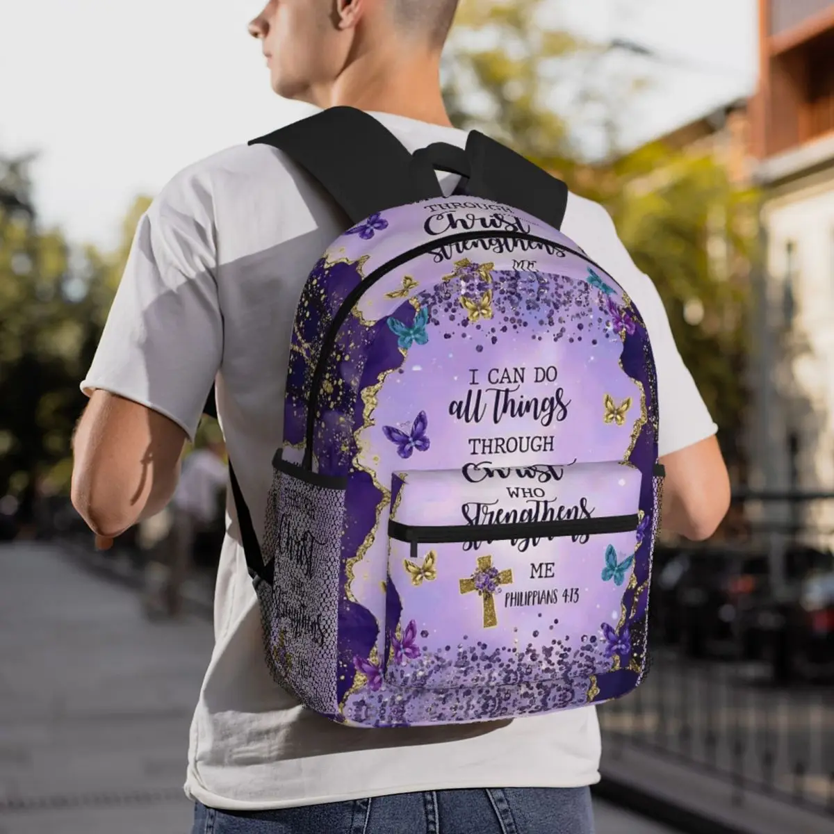 Bible Verse Butterfly Floral Things Through Christ Who Strengthens Me Backpack Student BookBag School Bag Shoulder Bags