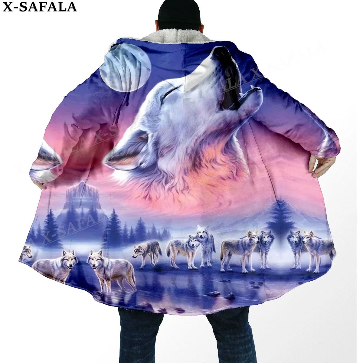 Elegant  Wolf Spirit Totem Arts Thick Warm Hooded Cloak Men Overcoat Coat Windproof Fleece Cape Robe Hooded Blanket-10