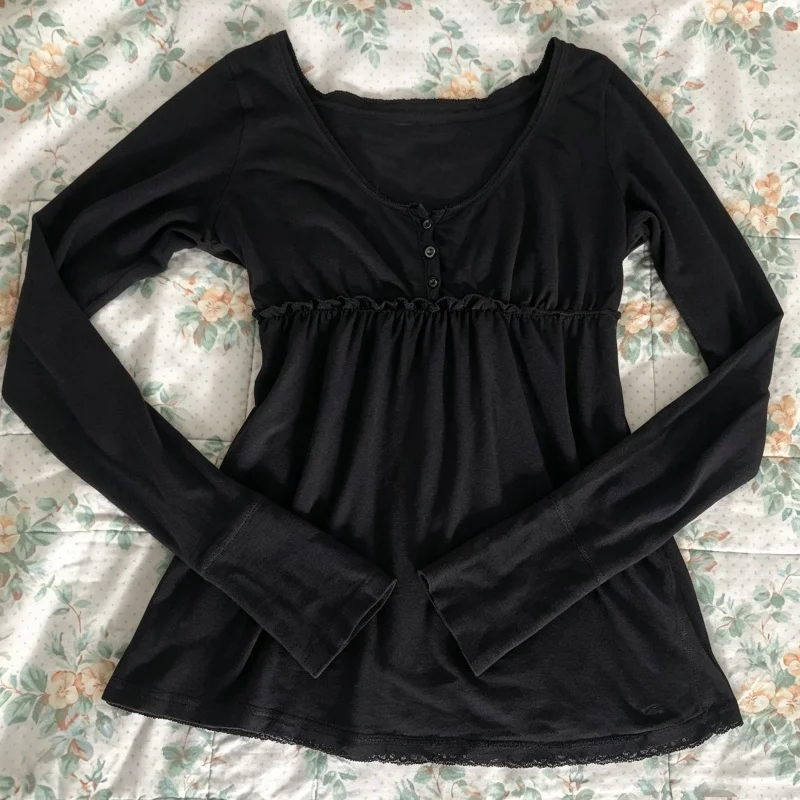 Coquette Aesthetic Long Sleeve Top Women Floral Lace Trim Babydoll Shirt Sexy Scoop Neck Henley Tee Cute Fairy Grunge Tops