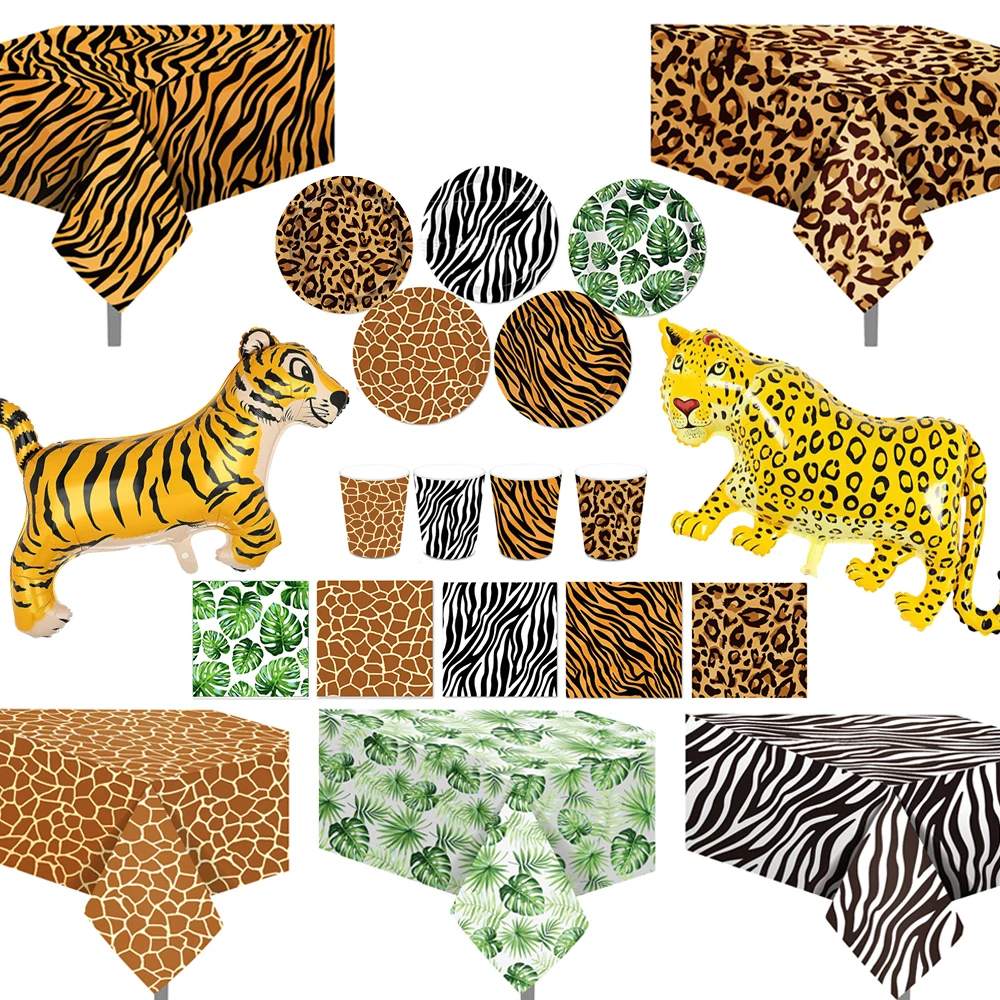 Safari Tier Einweggeschirr Leopardenmuster Tischdecke Teller Tassen Servietten Ballon für Dschungel Safari Geburtstag Party Dekore