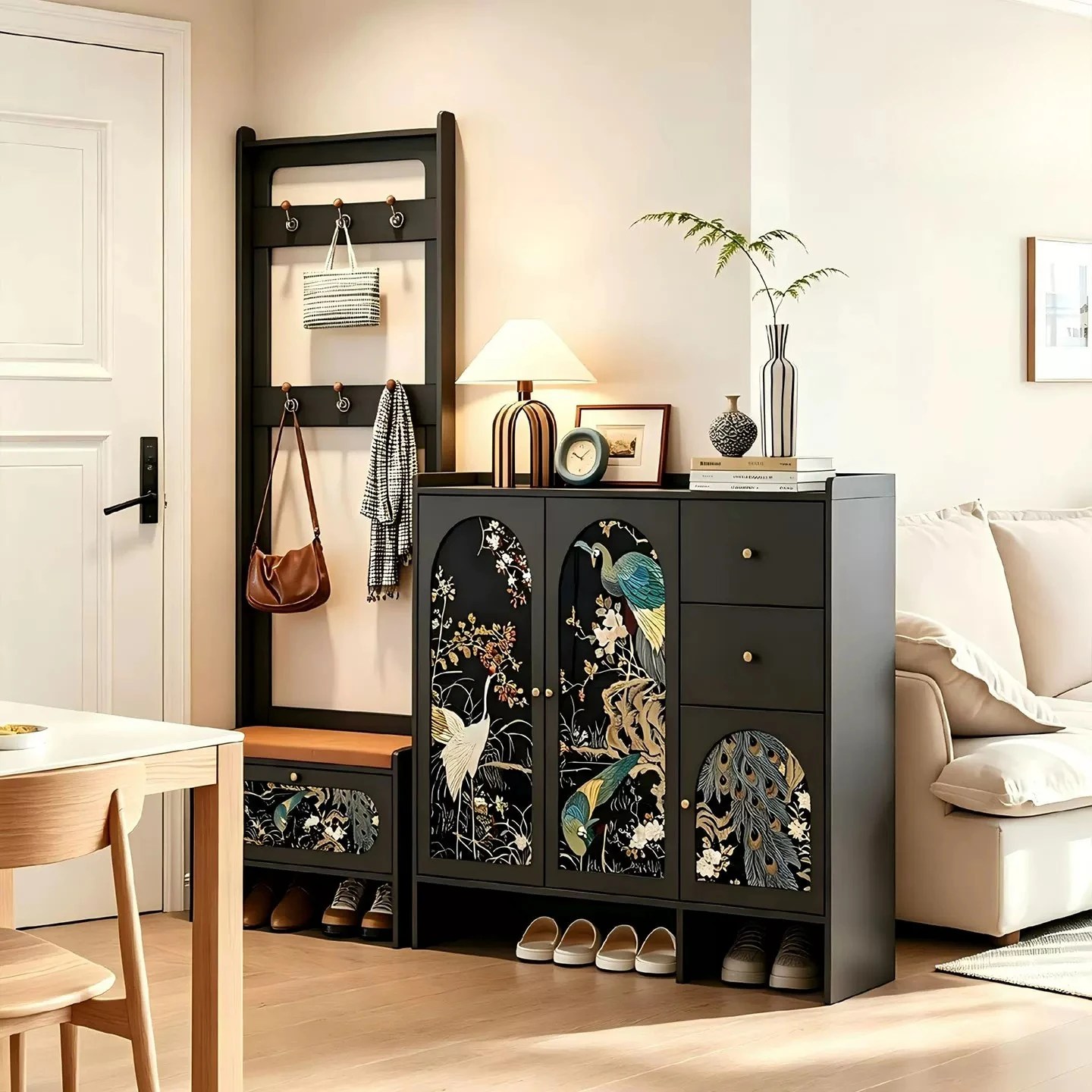 Medieval solid wood porch cabinet shoe cabinet integrated living room home screen partition shoe changing stool hanging