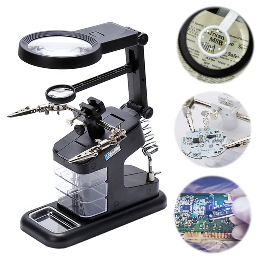 Hand Helping Glass Lens Desk Station Repair Tools Welding Magnifying Auxiliary Loupe Desktop with LED Light Lens