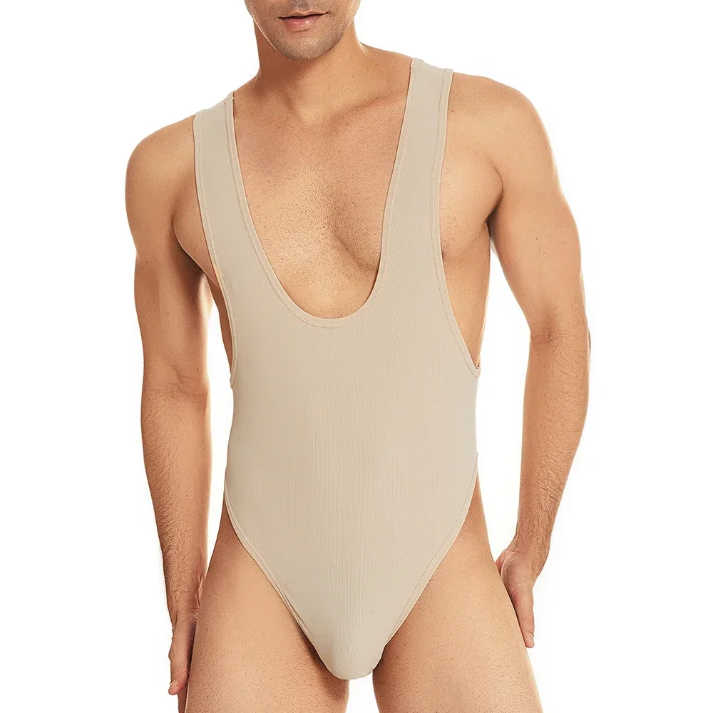 Men One-piece Solid Color Bodysuits Sexy Deep U Neck Backless Bikinis Leotard Jumpsuits Hommes Sexy Romper Lingeries Underwear