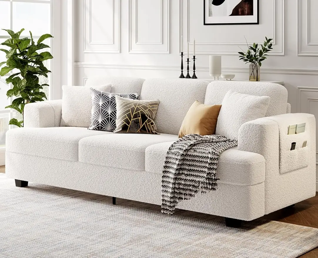 

KKL Deep Seat Sofa 89" with Throw Pillow, Modern Sofa, Couches for Living Room, Comfy Sofa, Sleeper Couch, Bouclé, Offwhite