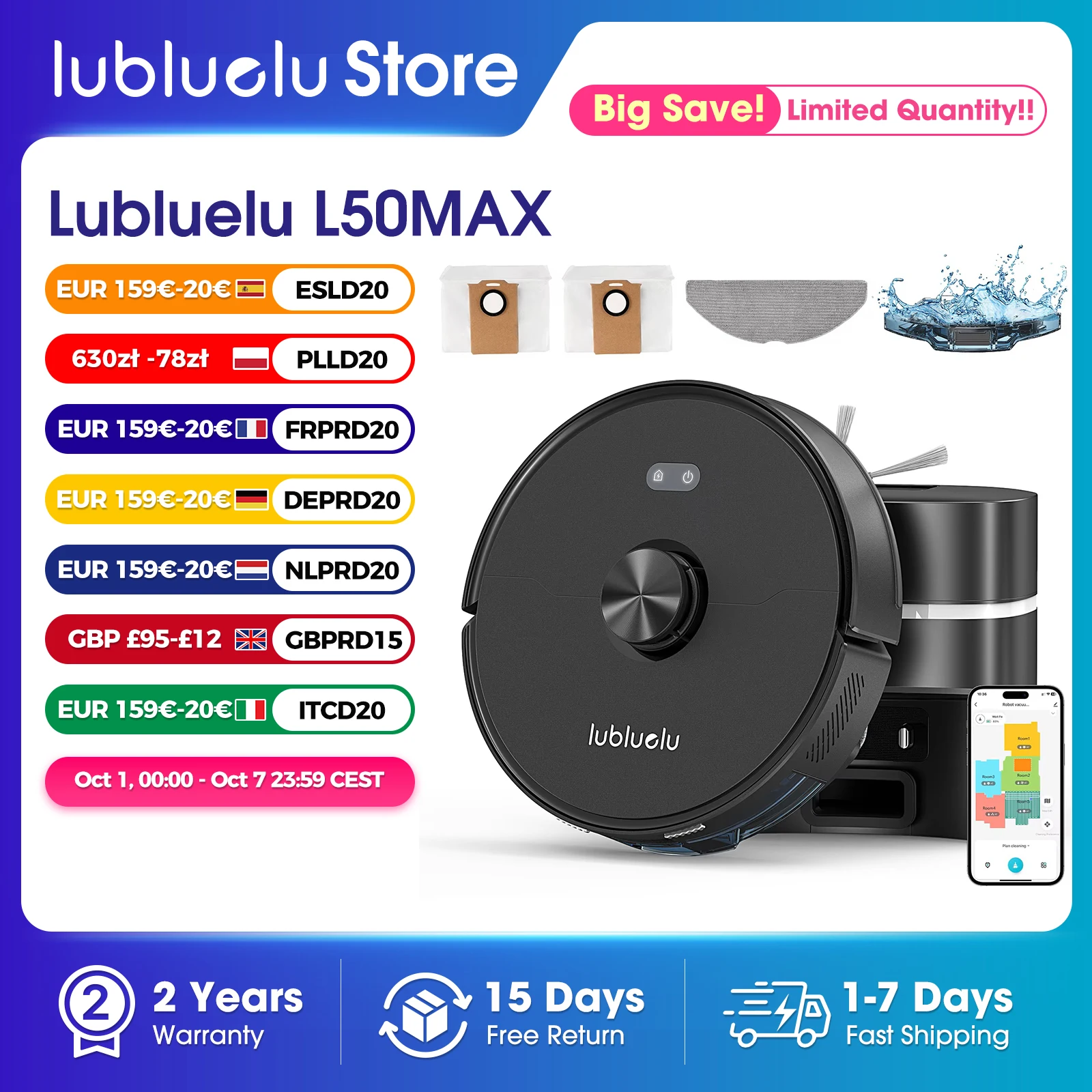 Lubluelu L50 MAX Smart Roboter-Staubsauger und Wischroboter, 7000Pa Super-Saugkraft, Fortschrittliche Navigation mit 360° °   Lidar, 180 Minuten, keine Verwicklung durch die Haarschneidefunktion,