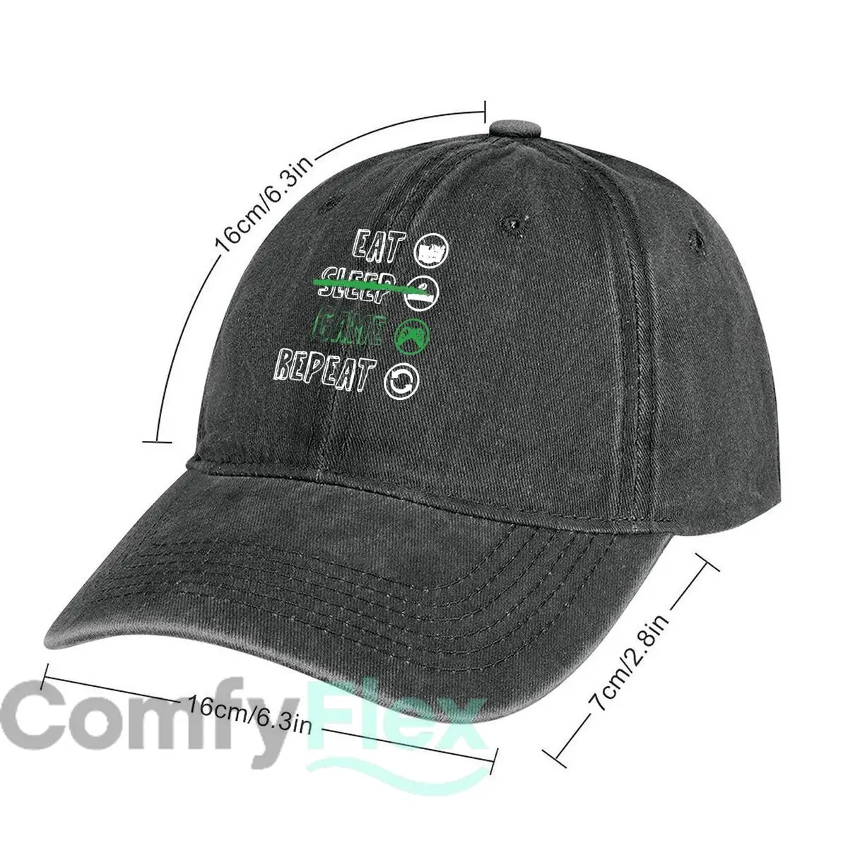 “Eat Sleep Game Repeat” Lifestyle Graphic Unisex Adjustable Adult Washed Baseball Cap Casual Hat