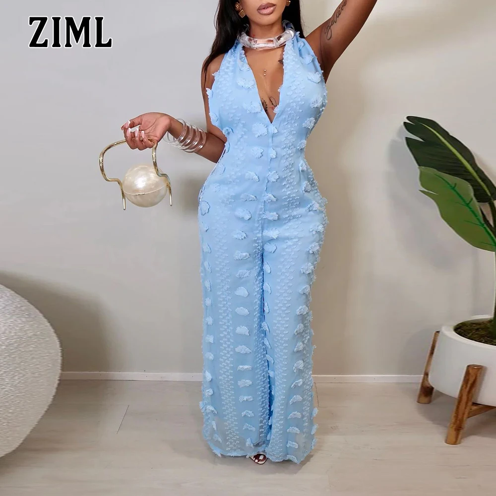 

ZIML Solid Spliced Appliques Slimming Jumpsuit for Women Halter Sleeveless Backless High Waist Jumpsuit Female Fashion Style New