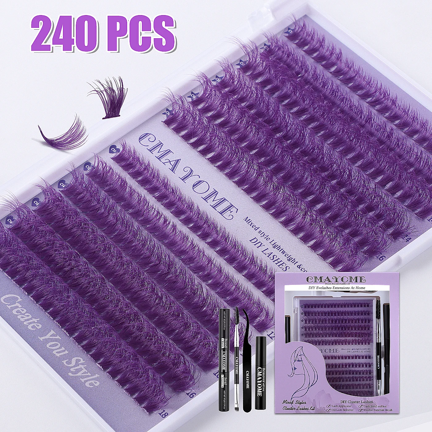 Color Single Tuft Eyelashes False Eyelashes Kit 30D40D Dense Messy Curled Eyelashes Glue Tool Set