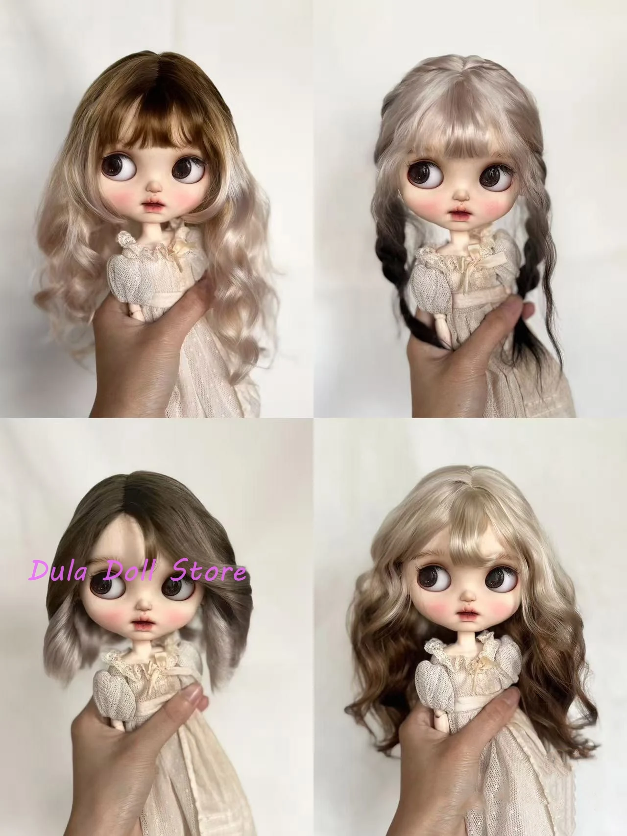 

Dula Doll Wigs for Blythe Qbaby natural Mohair Cool beige gray mixed with black brown gradient 9-10 inch head circumstance