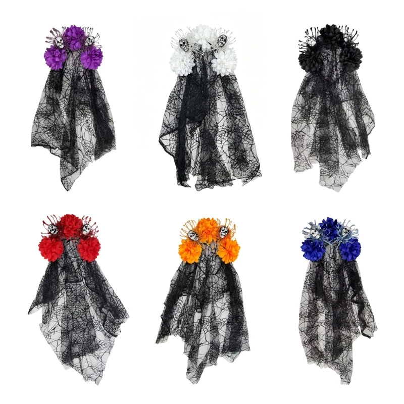 

Stylish Skull Shaped Headband Decorated With Floral Embellishments And Sheer Mesh For Halloween Wear Y08E