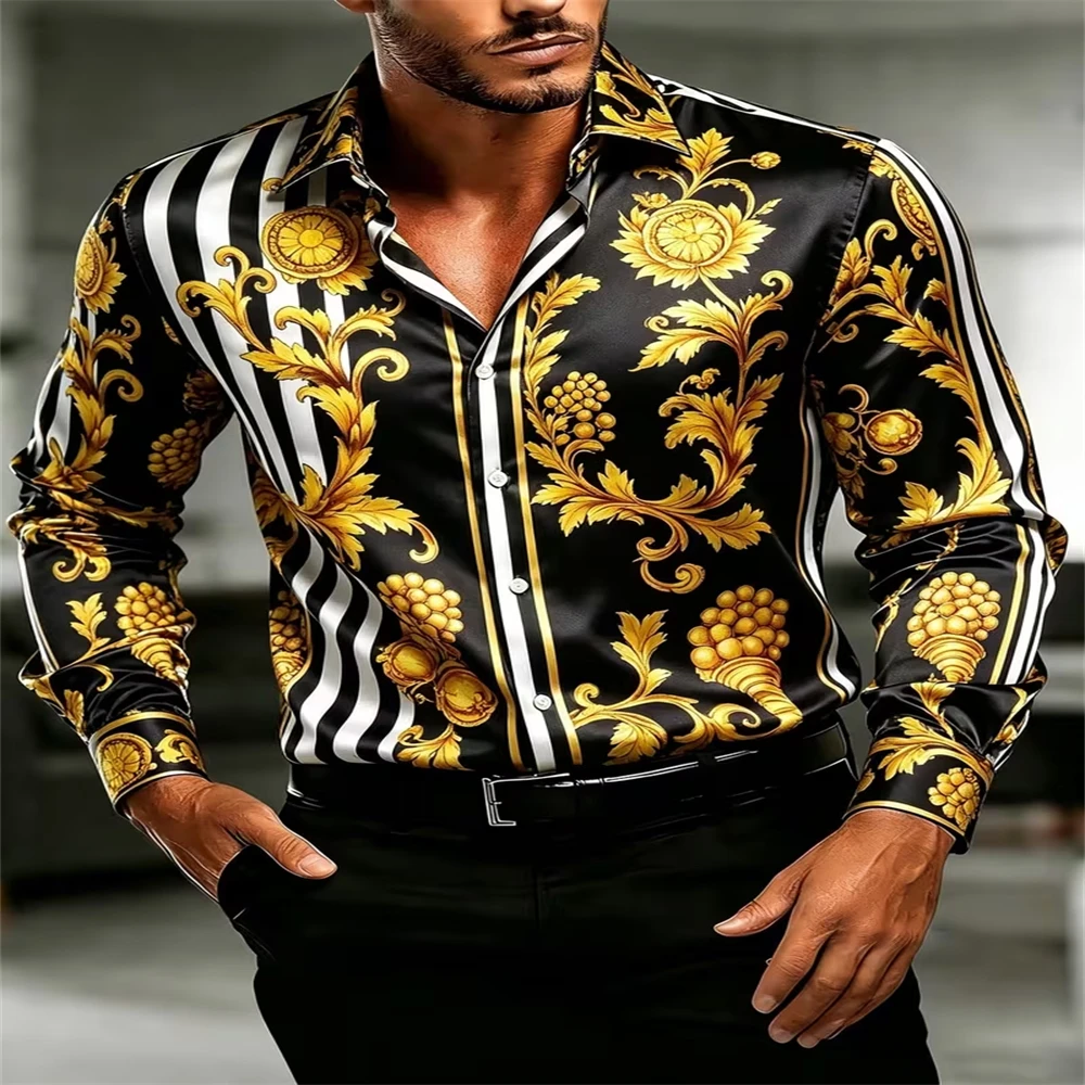 Vintage Baroque Floral Print Men Satin Long Sleeve Shirts Striped Design Lapel Button Up Tops Nightclub  Men's Dress Shirt
