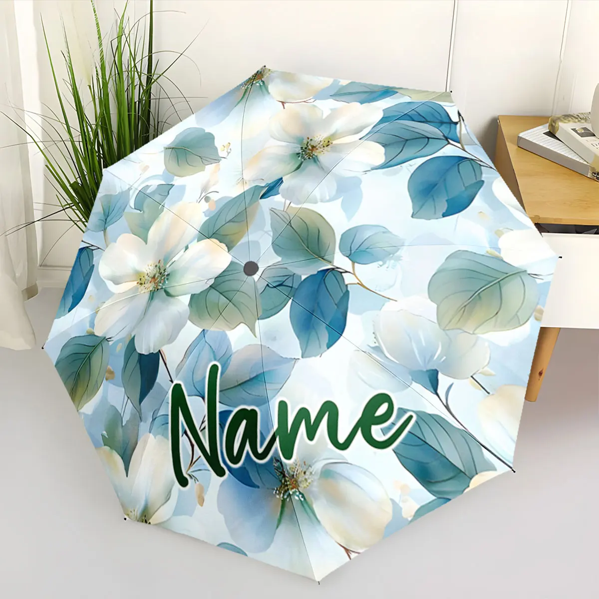 Custom Name Floral Umbrella with Elegant White Flowers and Green Leaves 8 Iron Ribs Folding Umbrella Auto-Open Fashion Sunshade