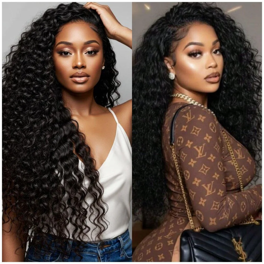 30 Inch Deep Wave Half Wig Human Hair 3 In 1 Half natural Colored Wig Glueless with Drawstring 250 Density Wig