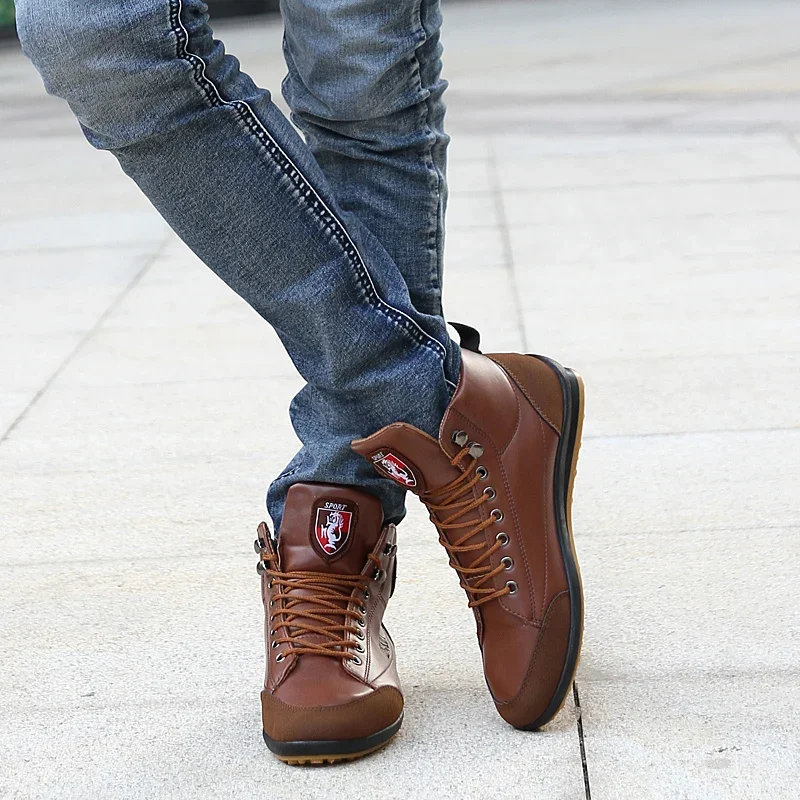 Men's Leather Boots PU Walking Shoes Lace-up Fashion Spring Autumn High Top Flat Cowboy Shoes