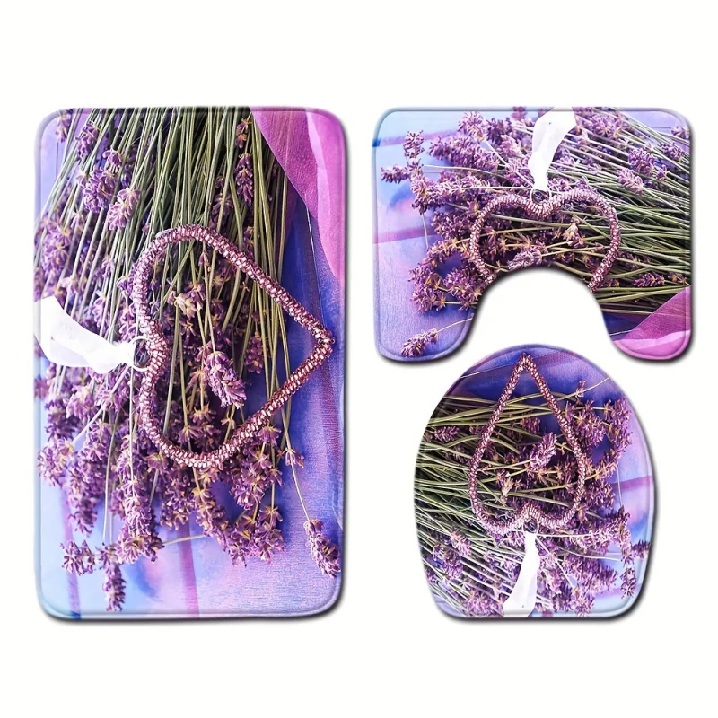 Lavender Heart Decorative Bathroom Set: Includes Toilet Seat Cover, Rug, And Coaster - Machine Washable, Non-Slip, And Made of P