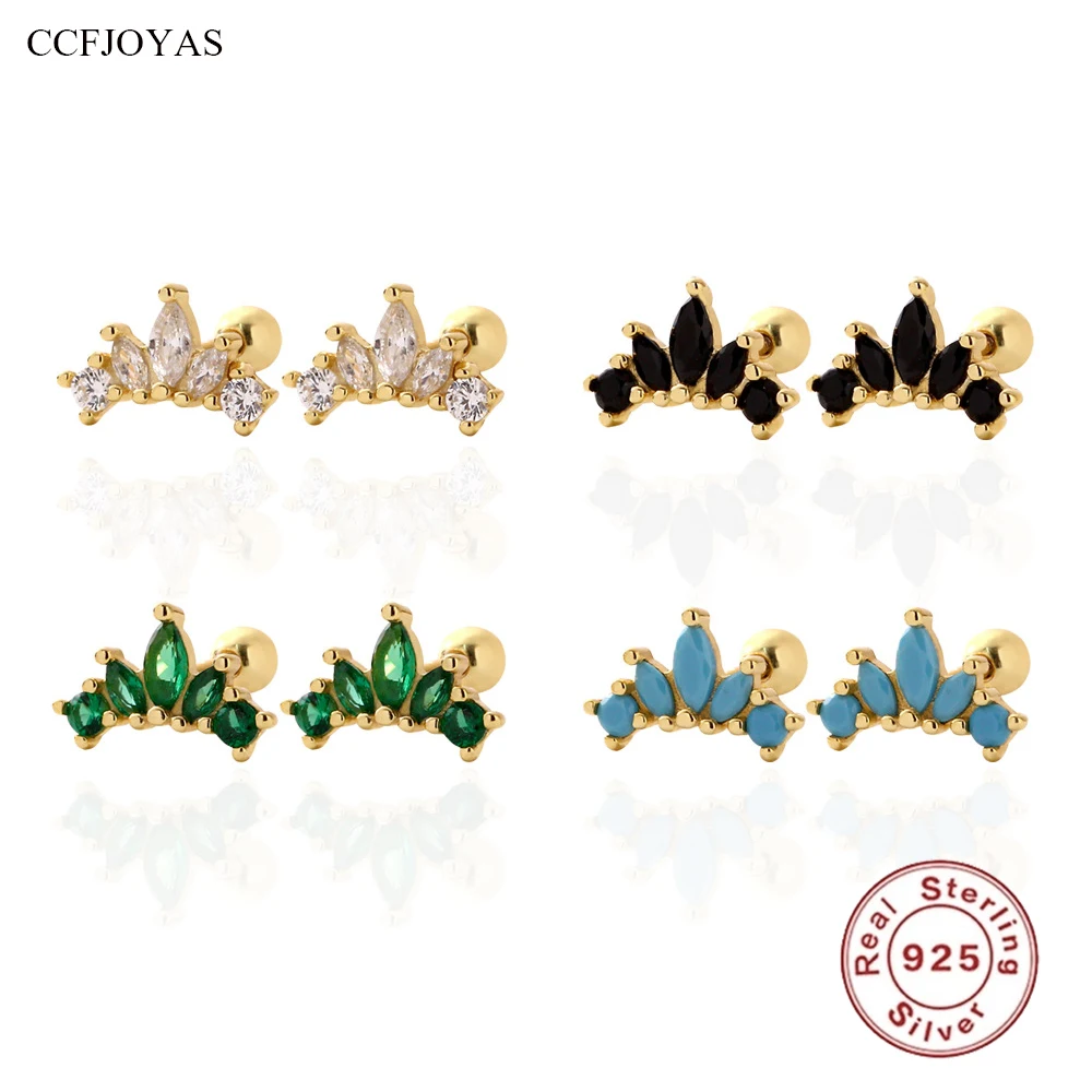 CCFJOYAS New 925 Sterling Silver Crown Stud Earrings for Women Simple Green/Turquoise/Black/White Zircon ear bone nail Earrings