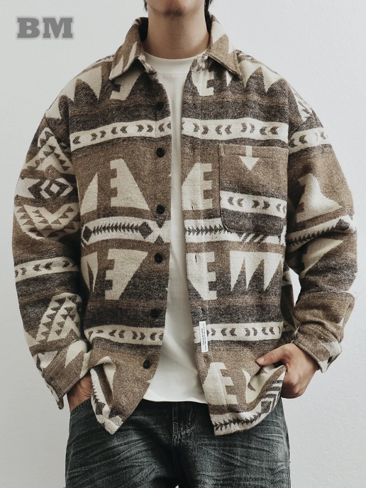 Japanese Vintage Heavyweight Wool Shirt Men Ethnic Tribal Print Long Sleeve Warm Casual Winter Autumn Retro Unisex Outerwear
