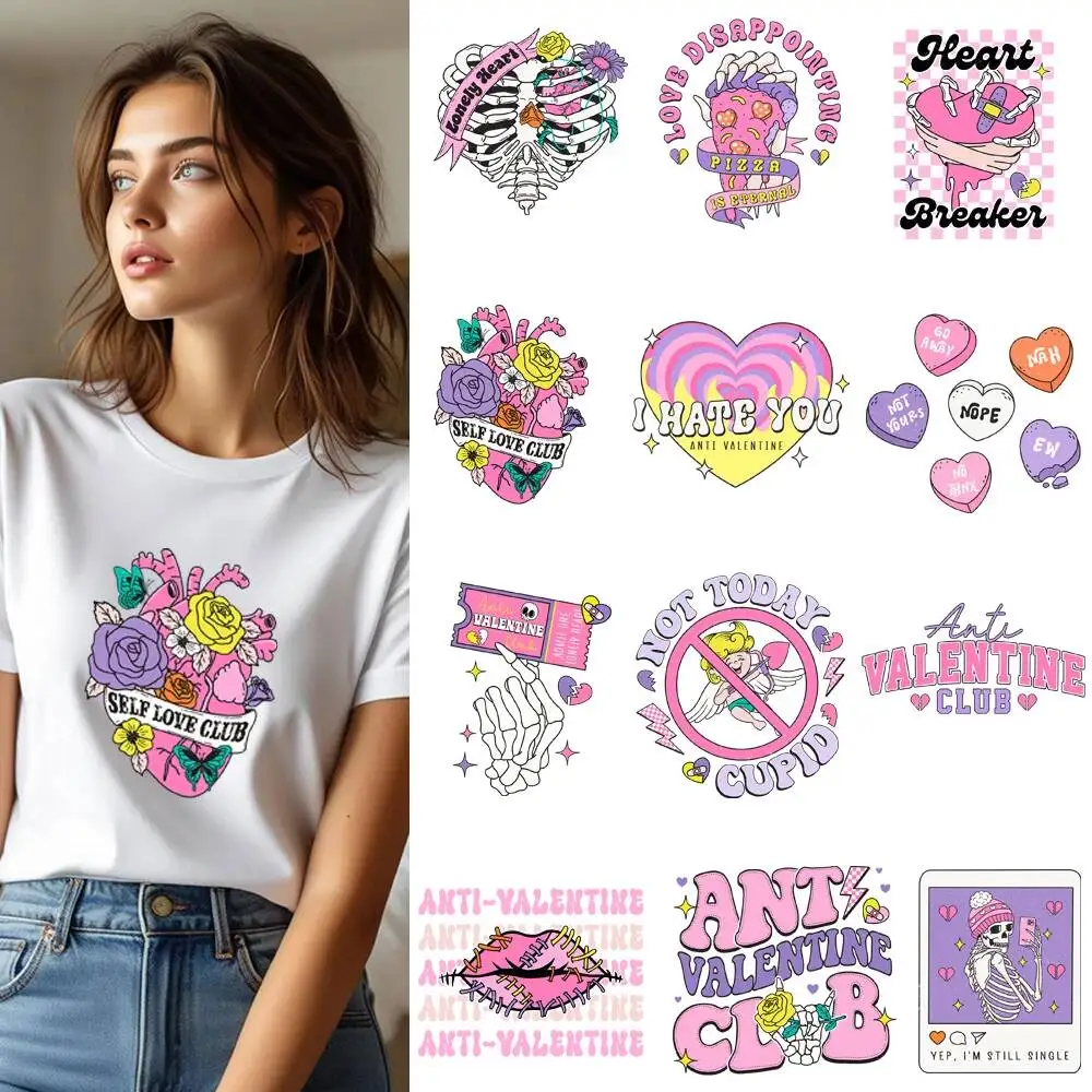 Cartoon Pink Skull Flower Heart Lip Transfer Patches For Clothes Applqiues DIY A-Level Washable T-shirts Iron-on Thermal Sticker