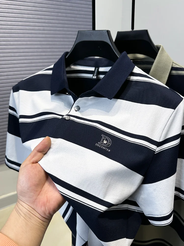 

Высококачественная мужская летняя деловая модная бутиковая рубашка-поло, повседневная полосатая вышитая рубашка с короткими рукавами, простой новый универсальный топ