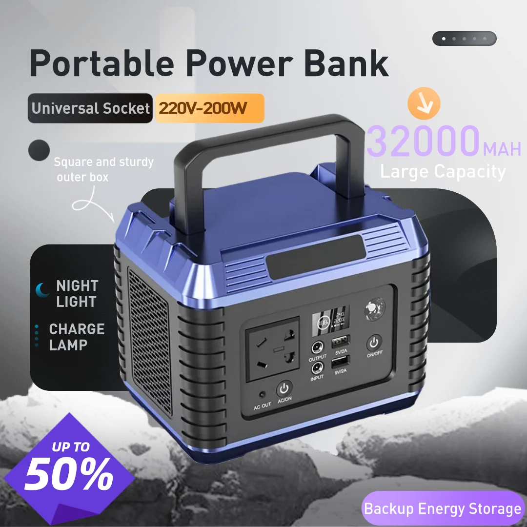 Estação de energia portátil, bateria de lítio Ternary, 220V Energy Storage Power Supply, Camping RV, Multi-function USB, novo, 32000mAh 200W